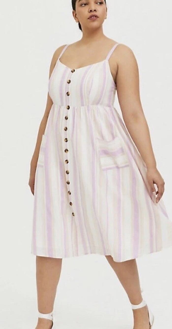 NWT Torrid Womens 2X Plus Pink Striped Linen Button Front A Line Sundress